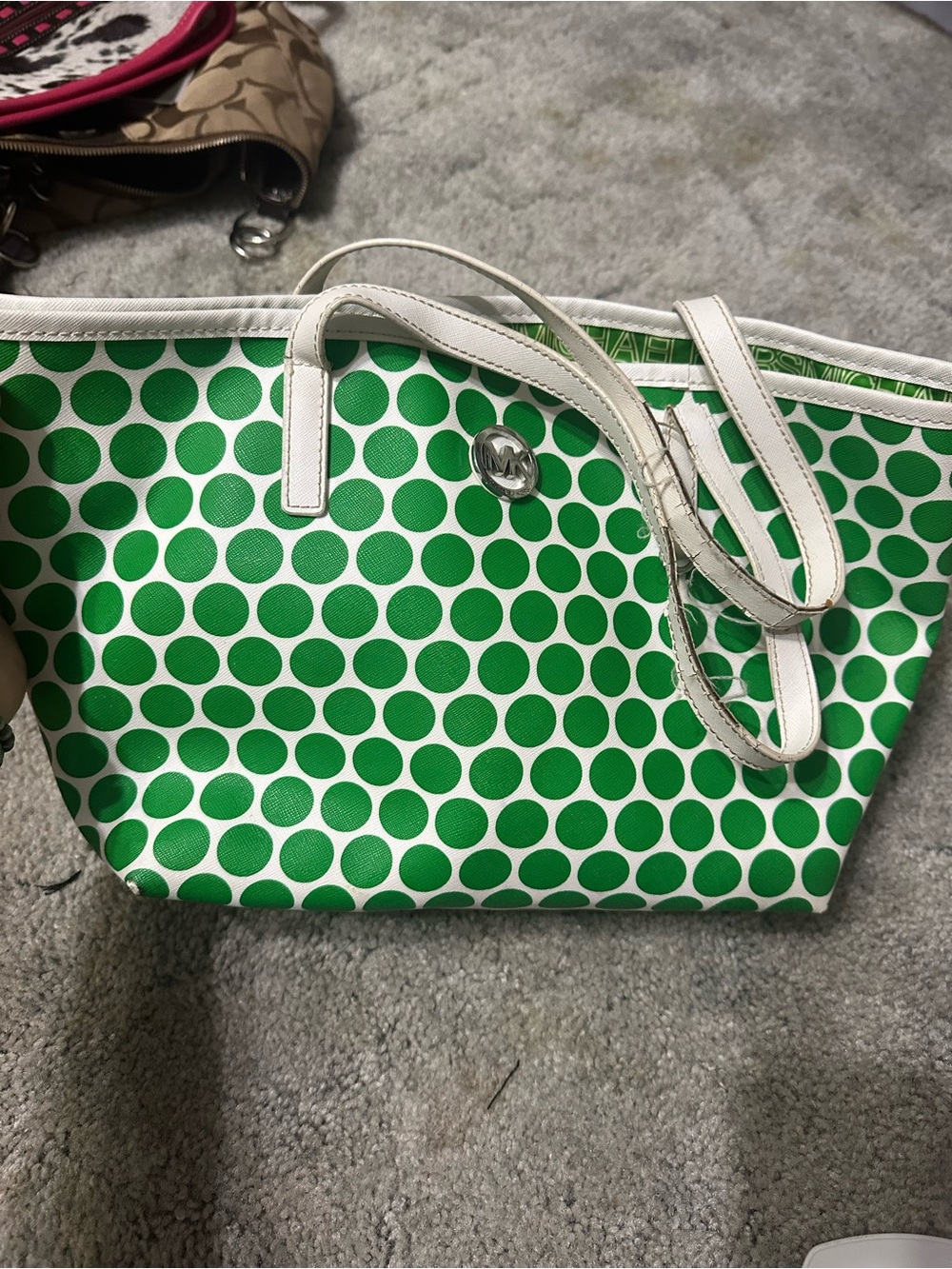 Michael Kors Green Polka Dot Tote with White Trim and Straps